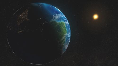 Blue Earth in front Sun in the background